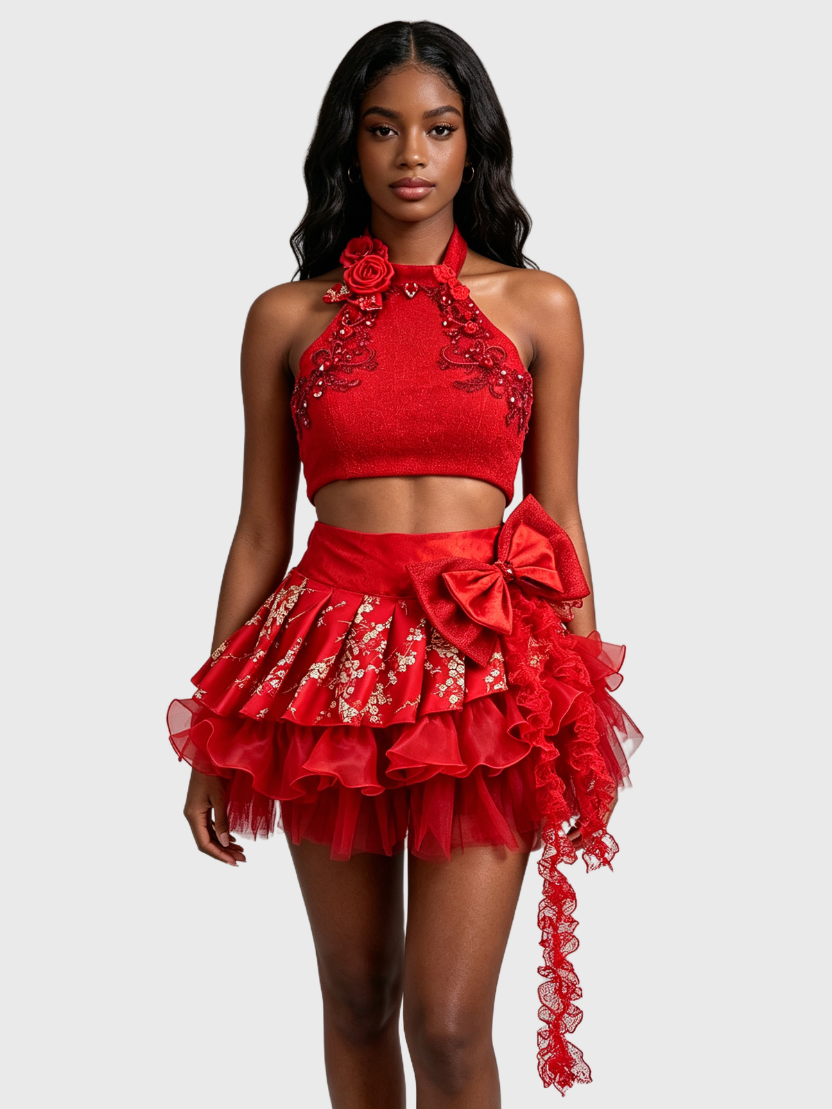 Vermilion Bloom — Red Ruffle Set