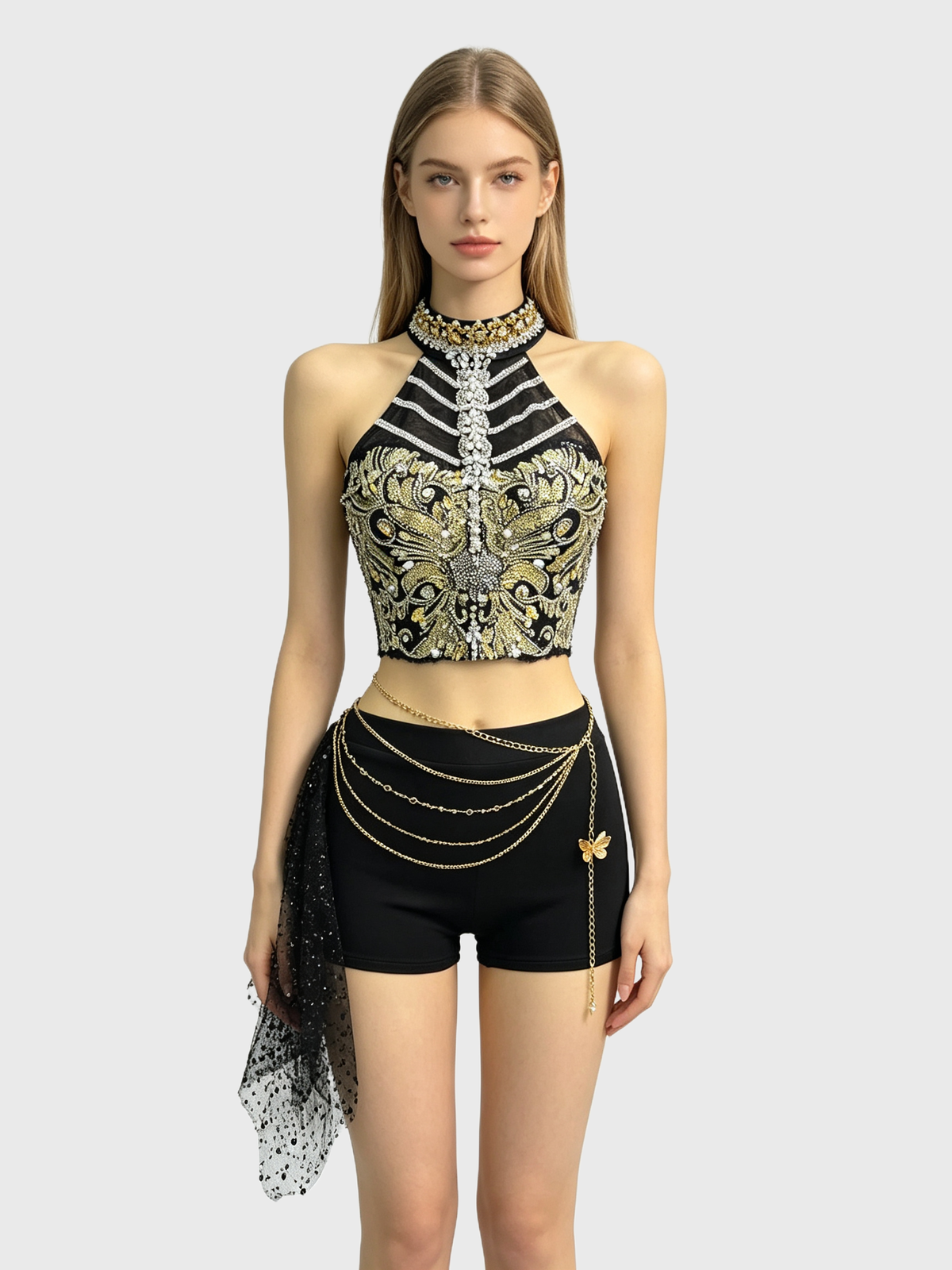 Golden Obsidian — Black-Gold Baroque Halter Set
