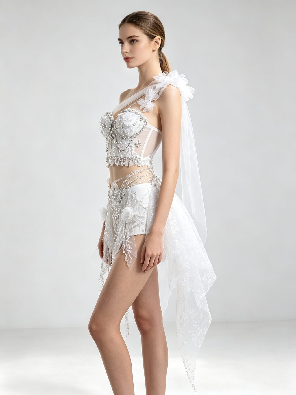 White Rhinestone Butterfly Corset 2pc Fairy Rave Festival Outfit