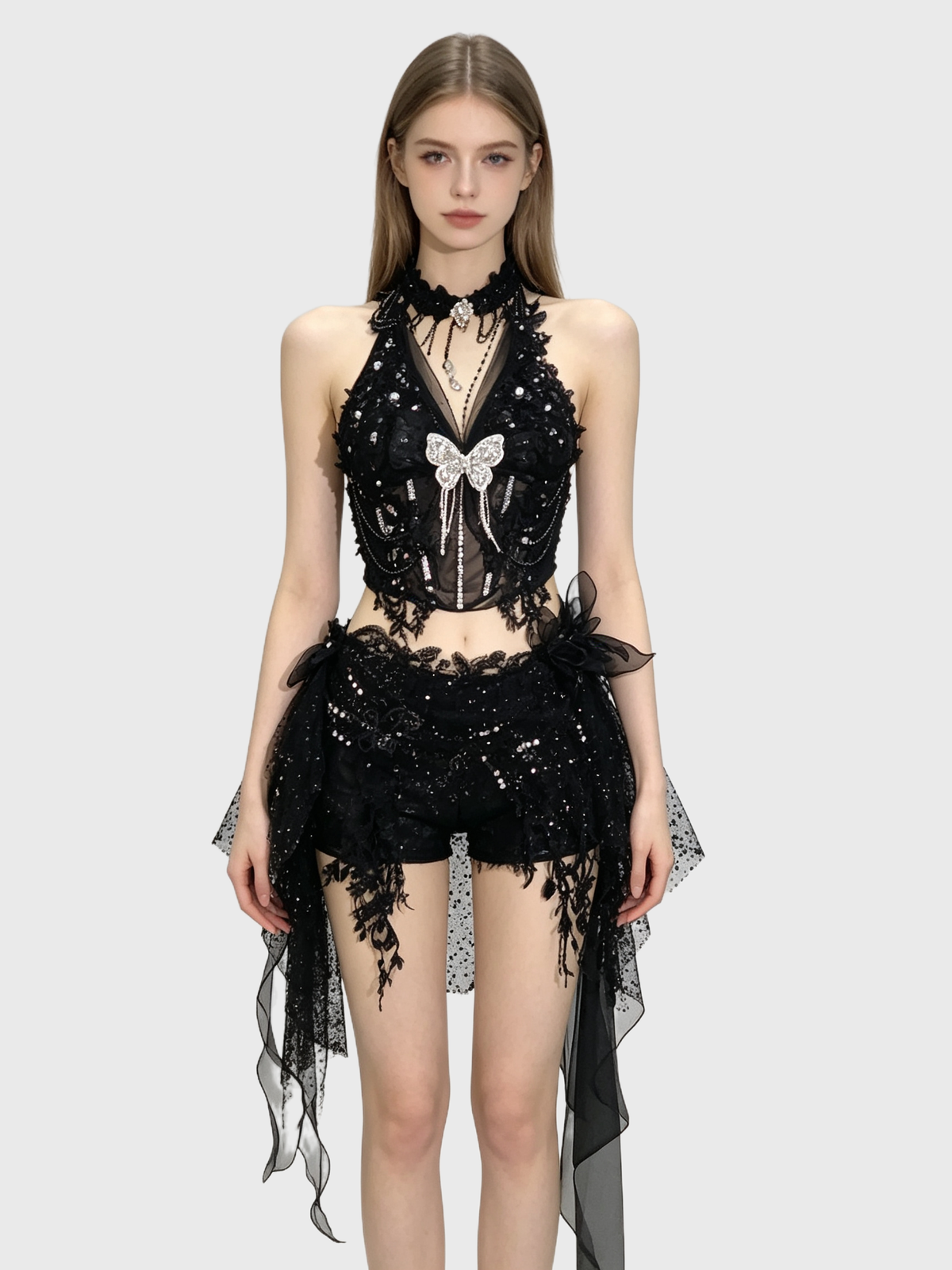 Withered Butterfly — Black Lace Halter Set