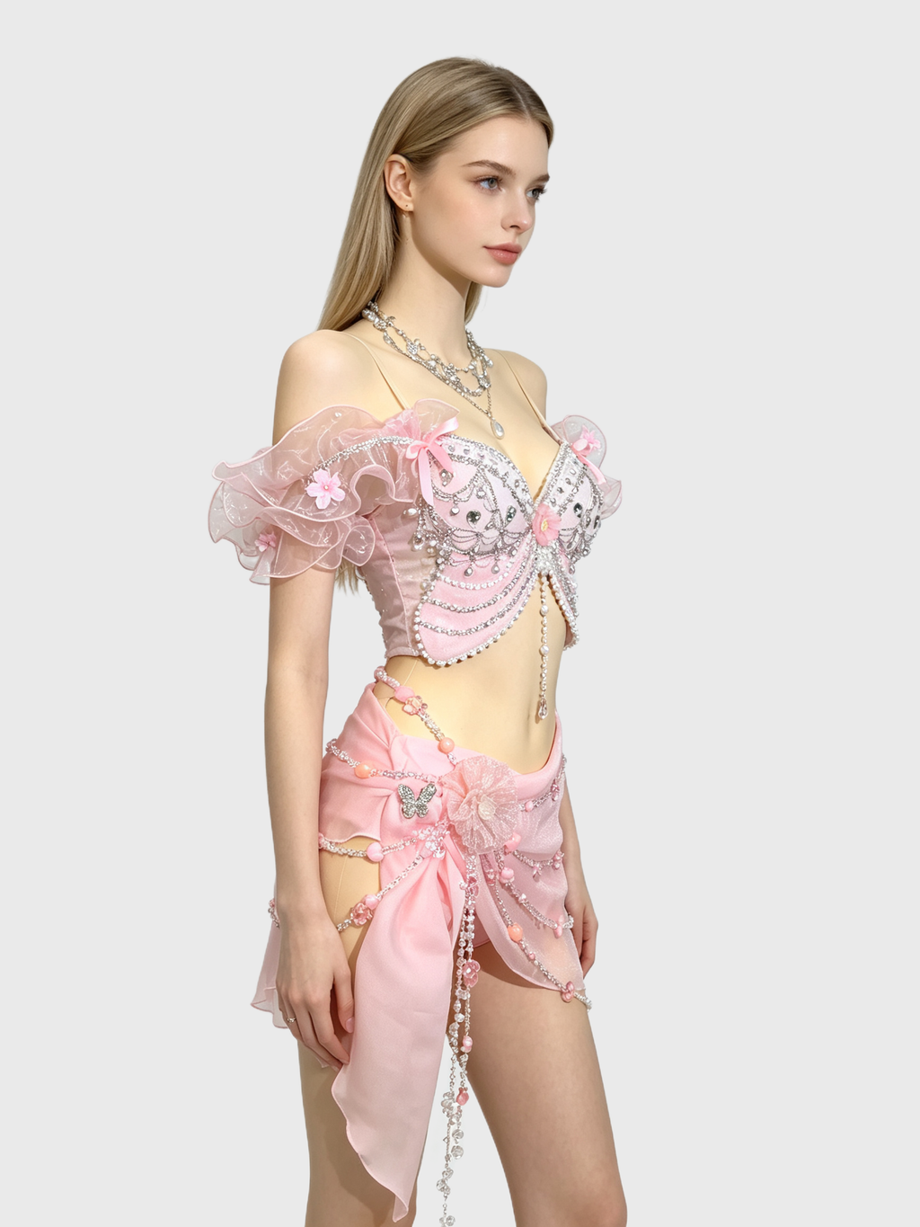 Pink Mermaid — Beaded Crop Top + Chiffon Skirt Set