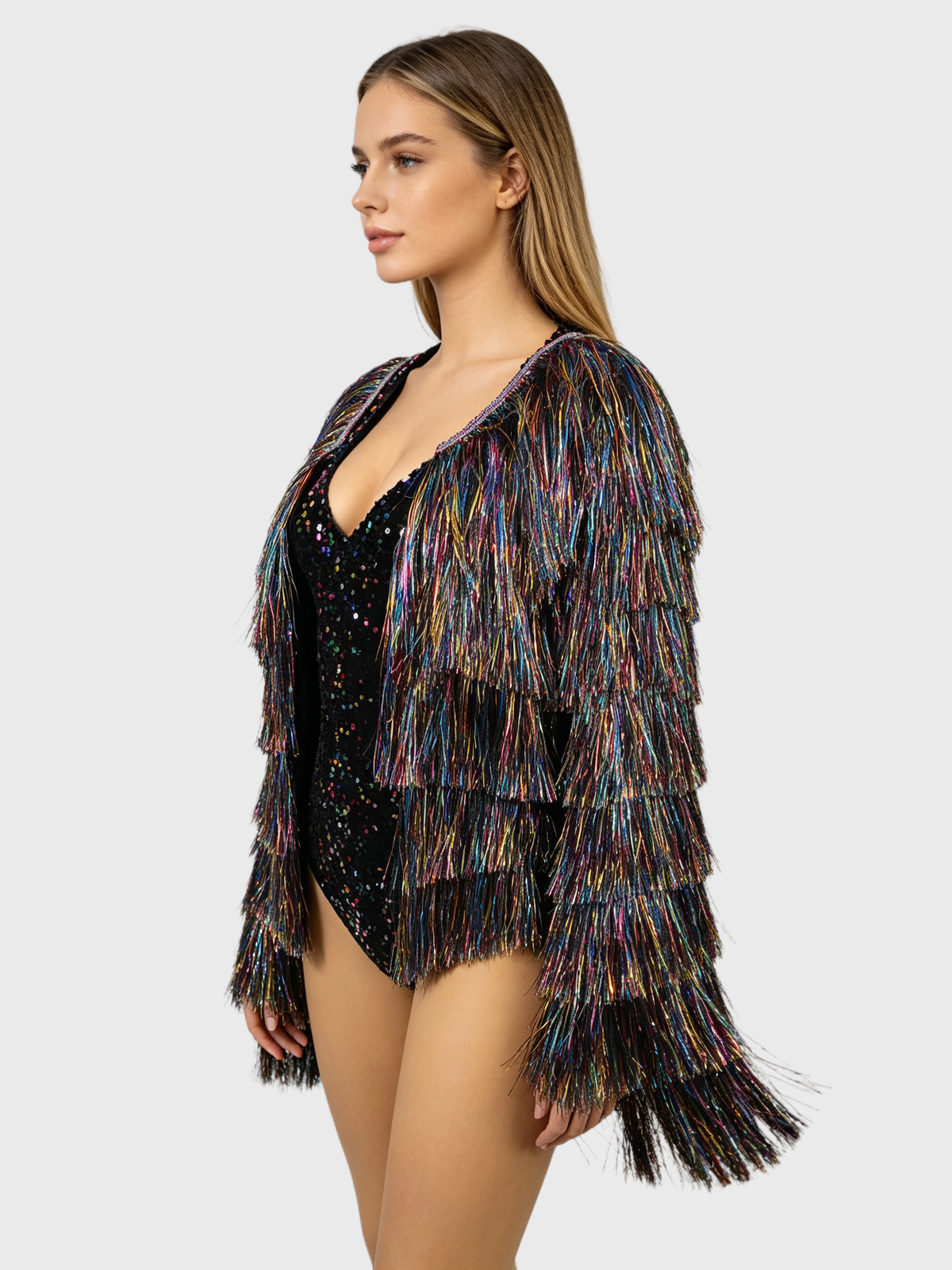 Prism Wave — Rainbow Fringe Jacket + Sequin Bodysuit