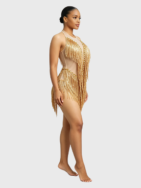 Golden Tassel — Gold Fringe Halter Bodysuit