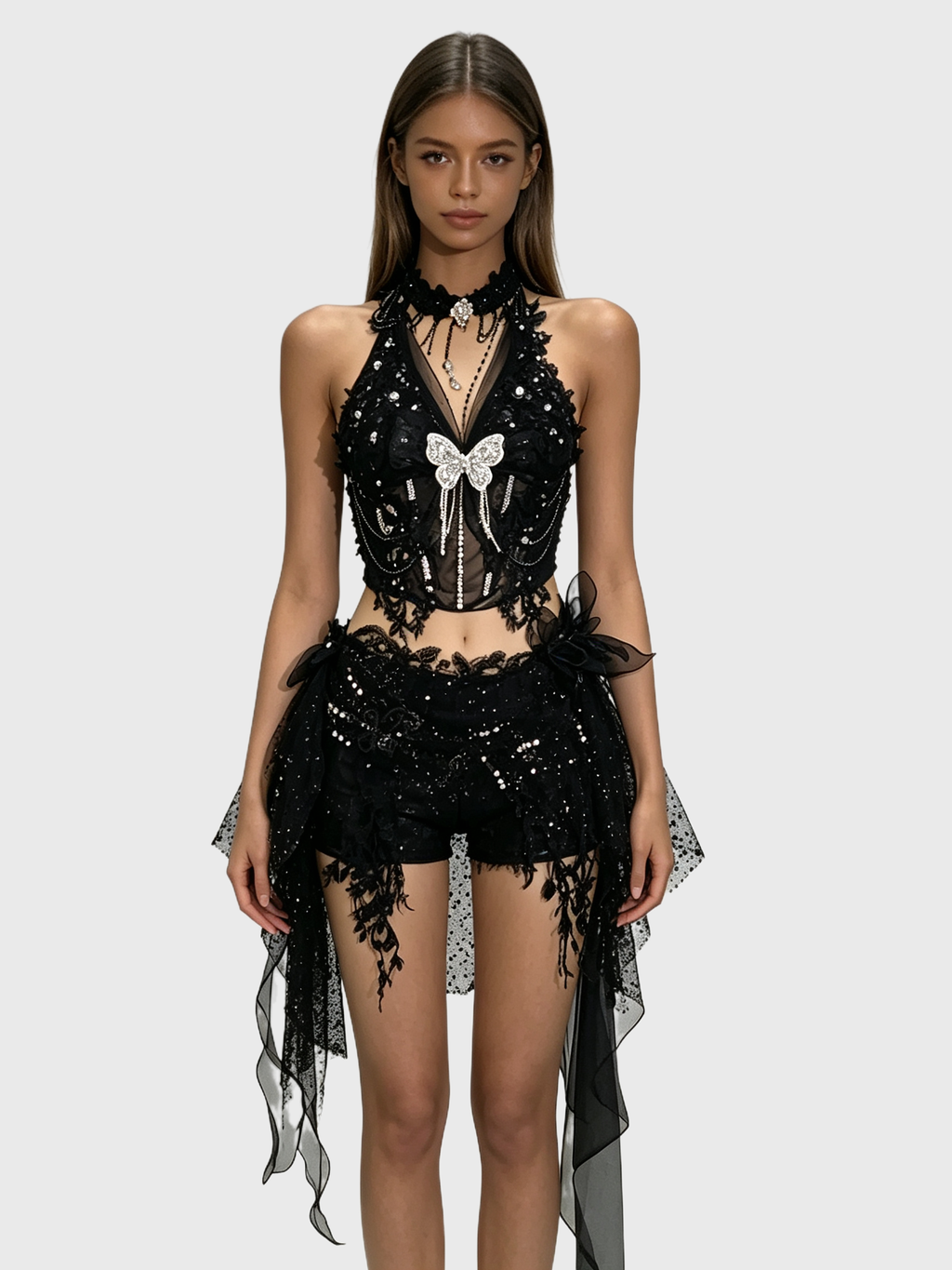 Withered Butterfly — Black Lace Halter Set
