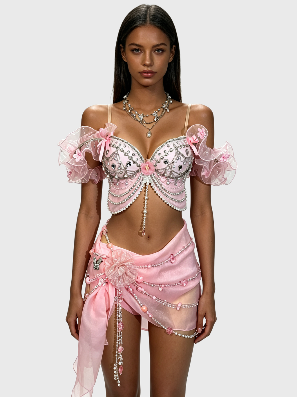 Pink Mermaid — Beaded Crop Top + Chiffon Skirt Set