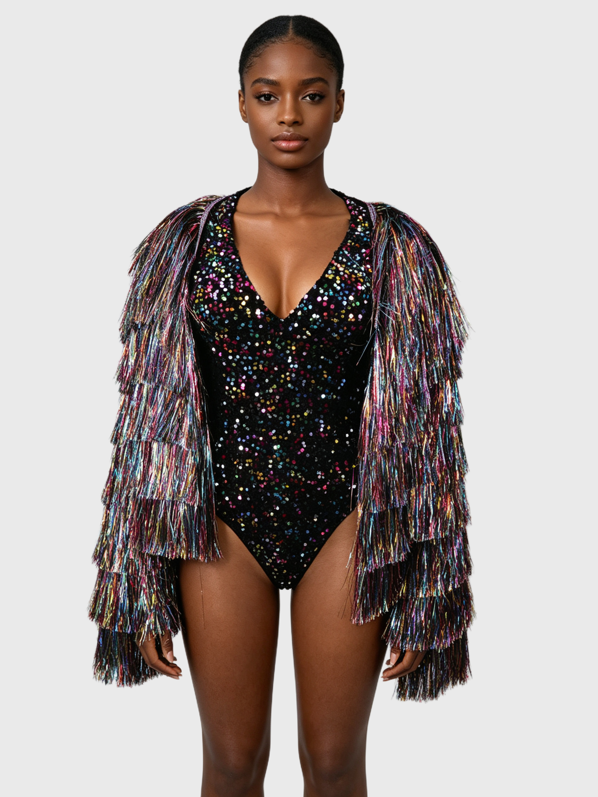 Prism Wave — Rainbow Fringe Jacket + Sequin Bodysuit