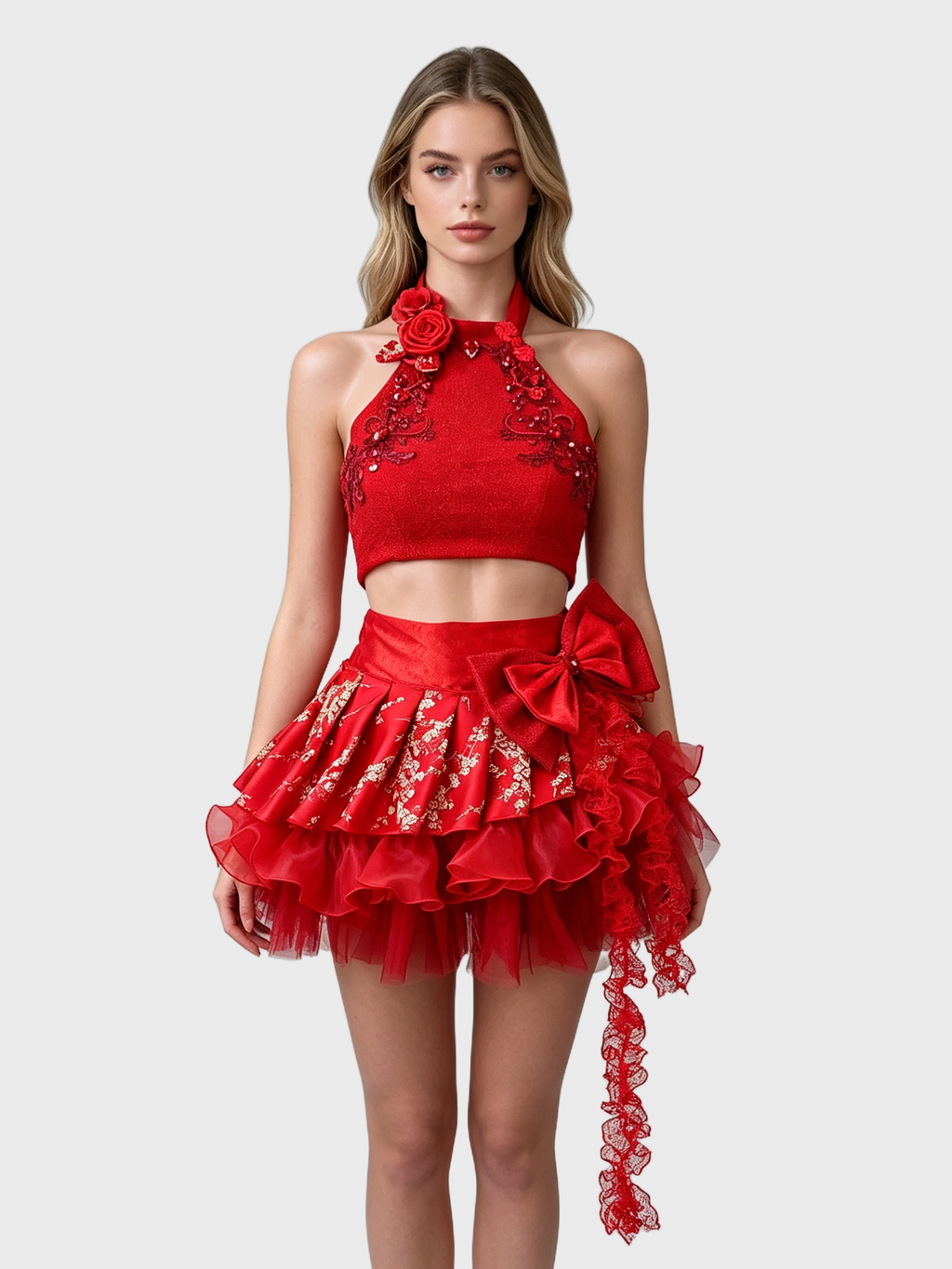 Vermilion Bloom — Red Ruffle Set