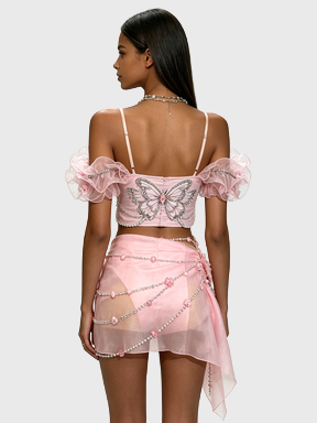 Pink Mermaid — Beaded Crop Top + Chiffon Skirt Set